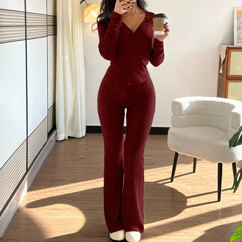 Women's Solid Color 2-Piece Set Hooded Belted Jacket With Pockets & Flare Leg Pant Suit For Spring And Fall