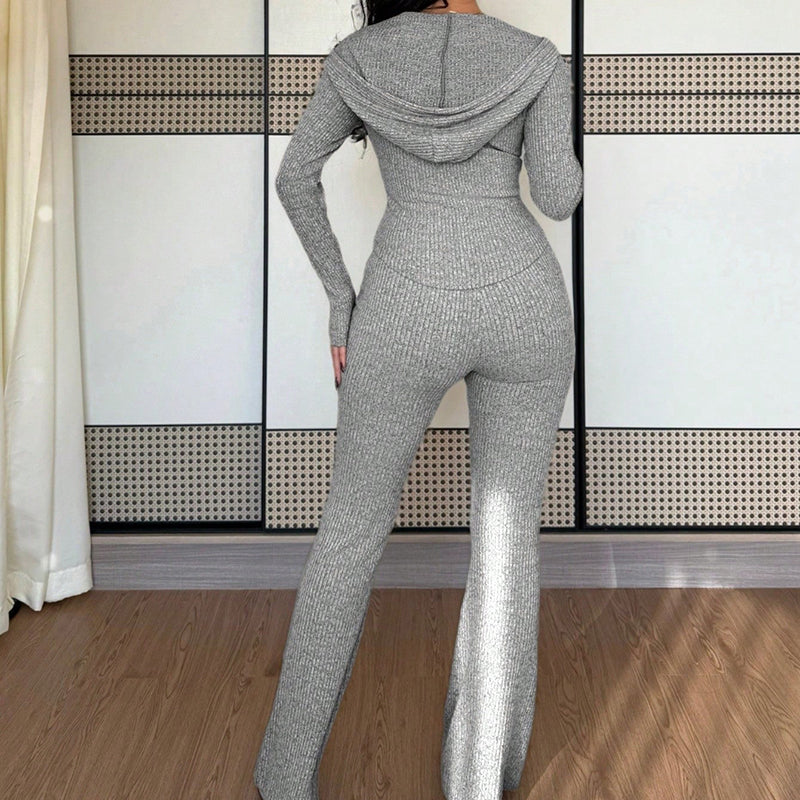 Women's Solid Color 2-Piece Set Hooded Belted Jacket With Pockets & Flare Leg Pant Suit For Spring And Fall